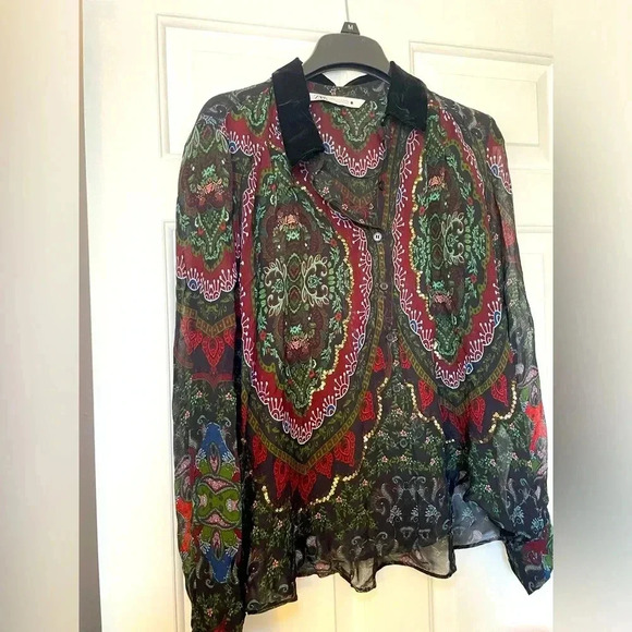 Zara Woman’s Small Sheer Blouse Paisley Colorful Print Sequins Velvet Collar - Picture 1 of 8